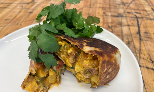 Green Chile Roast Pork Breakfast Burrito - pick one up at Chef Greg Montana's 102 South 19th Ave. Bozeman, MT